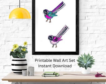 Láminas originales de abanicos / Arte mural de aves de Nueva Zelanda / Set de 3 láminas imprimibles para descargar / Arte colorido de Pīwakawaka / Tamaños A3, A4 y Carta de EE. UU. / Decoración original para el hogar