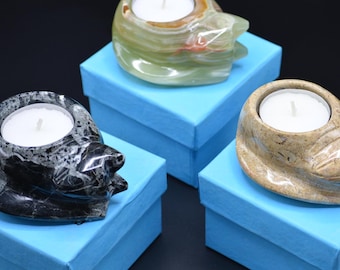 Hand Carved Marble Cat Tea Light Holder - Pet Memorial Candle.