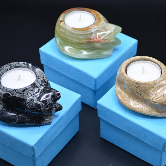 Hand Carved Marble Cat Tea Light Holder - Pet Memorial Candle.