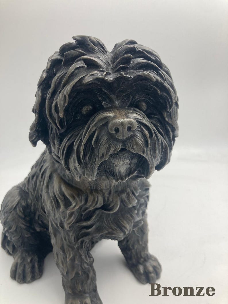 May include: A bronze-colored sculpture of a seated dog with a fluffy coat and detailed facial features. The sculpture has a textured surface and is labeled "Bronze" at the bottom.