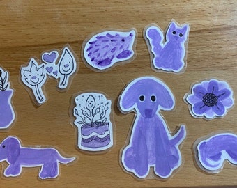 Plantas e Animais - Coleção de 9 adesivos roxos pintados à mão