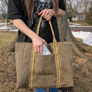 Large Jute Tote bag / woven herringbone pattern / natural muslin / webbing accent
