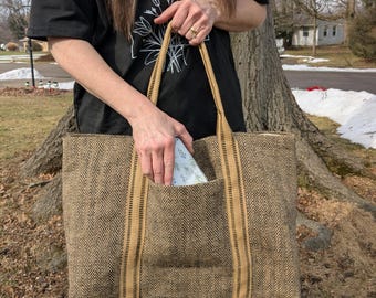 Large Jute Tote bag / woven herringbone pattern / natural muslin / webbing accent