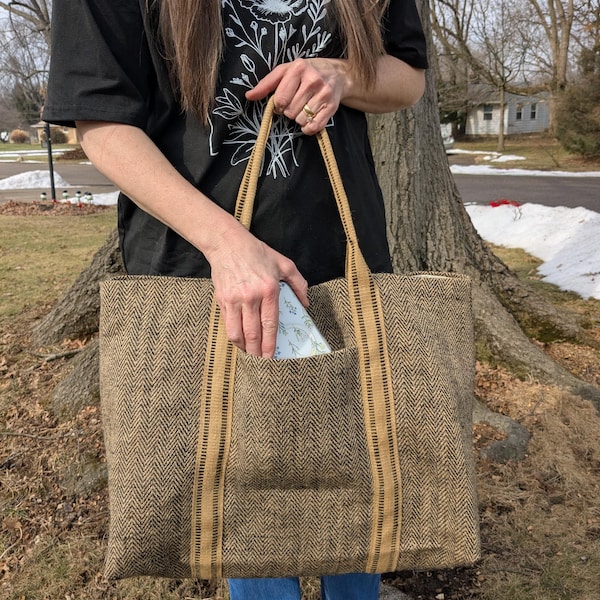 Bolso grande de yute / patrón de espiga tejido / muselina natural / detalle de cincha