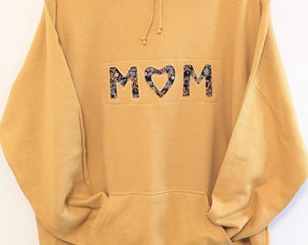 MOM Hoodie with floral reverse applique mustard yellow oversized hoodie Adult XL