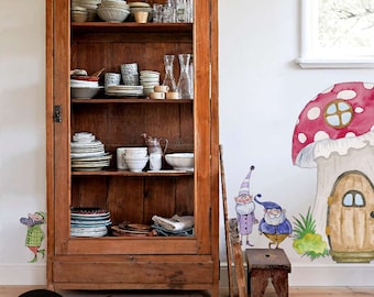 Muursticker kabouters, muursticker paddestoelenhuis, sprookjesachtige verwijderbare sticker, fantasie muurstickers voor kinderen, pellen en plakken #1W
