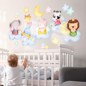 Animals on clouds Wall Stickers for Kids Room, Blue Baby Room Decor, Animals Wall Decal for Children&#39;s Room, Self Adhesive Decal