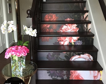 10 step stair riser decal, vintage painted flowers stair sticker, floral removable stair riser decor strip, peel and stick stair riser #13R