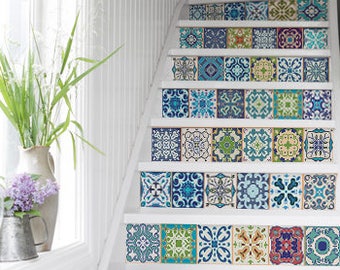 10 step stair riser decal, removable stair riser sticker. stair riser decor strips, peel & stick stair riser pattern, colorful tiles  #1R