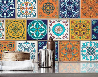 May include: A kitchen backsplash with a colorful mosaic tile pattern in shades of blue, orange, and yellow. The tiles feature intricate geometric designs. The text "100% REMOVABLE BY StickersColoray" is visible in the lower right corner of the image.