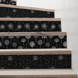 10 step stair riser decal, B&W dandelion stair sticker, illustration removable stair riser decor strip, peel and stick stair riser #16R