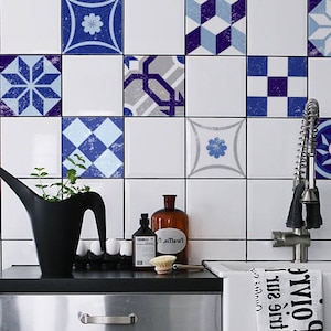 Retro Blue tiles, PACK OF 24, mexican tiles, ceramic tiles, Self adhesive, Wall decal, Tile stickers, Repositionable, Easy stick #37T