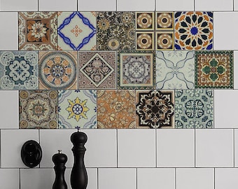 Calcomanías de azulejos de Talavera española, PAQUETE DE 24, Decoración tradicional de azulejos españoles, Calcomanía contra salpicaduras, Extraíble, Pelar y pegar, Cerámica #14T