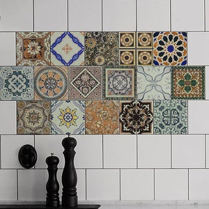 Adesivi per piastrelle spagnole Talavera, CONFEZIONE DA 24, Decorazione tradizionale per piastrelle spagnole, Adesivo per paraschizzi, Rimovibile, Stacca e attacca, Ceramica #14T