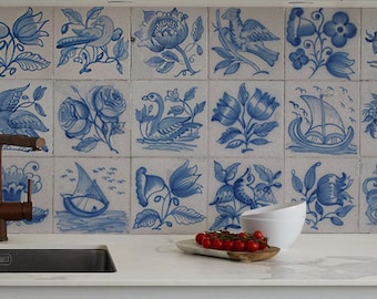 Calcomanías tradicionales de azulejos azules, PAQUETE DE 24, Calcomanías de pájaros en azulejos cerámicos, Extraíbles, Azulejos envejecidos, Florales, Calcomanías contra salpicaduras, Pelar y pegar #34T