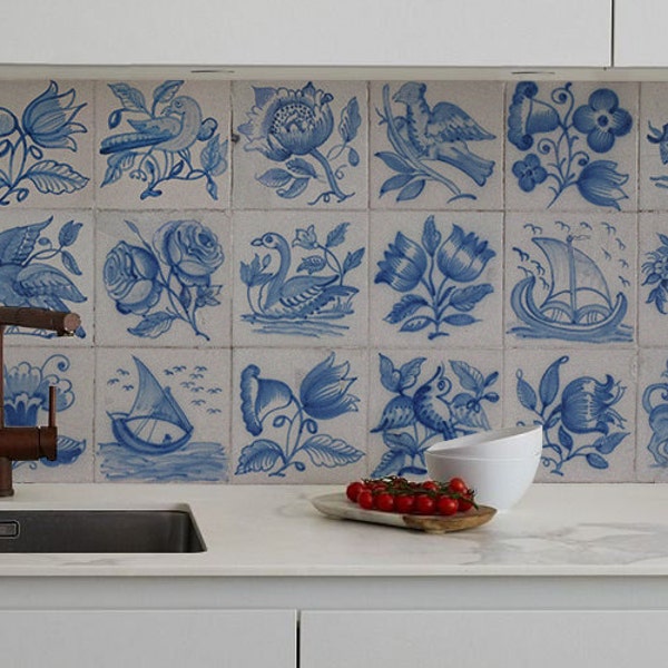 Calcomanías tradicionales para azulejos azules, paquete de 24, calcomanías de pájaros sobre azulejos de cerámica, removibles, azulejos envejecidos, calcomanías florales para salpicaderos, despegar y pegar, n.° 34T