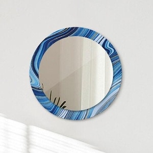 Blue Round Mirror, Blue Marbling Glass Frame Mirror, Small Mirror, Decorative Mirror, Art Deco Wall Mirror, Bathroom Mirror