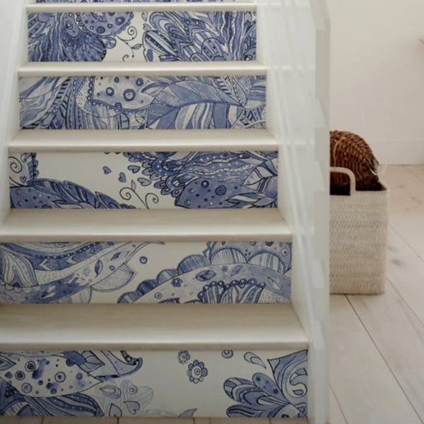 10 step stair riser decal, blue and white flowery pattern stair sticker, removable stair riser decor strip, peel & stick stair riser #8R