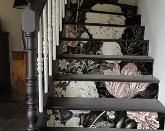 10 step stair riser decal, washed out vintage flowers stair sticker, floral removable stair decor strip, peel and stick stair riser #18R