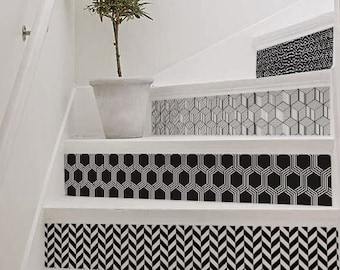 10 step stair riser decal, geometric B&W patterns stair sticker, op art removable stair riser decor strip, peel and stick stair riser #15R