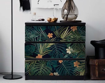 Decals for MALM Dresser skin ikea, Dark tropical leaves Sticker, PACK OF 3, Tropic, Exotic commode, Repositionable, Covering, Furniture #5M