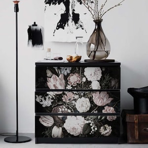Decals for MALM Dresser, ikea, Retro Floral Art Dresser Sticker, PACK OF 3, Garden decals, Dark, decor, Nature, Peel&Stick, Removable #2M