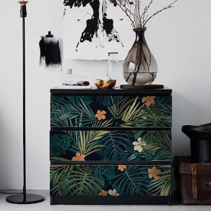 Decals for MALM Dresser skin ikea, Dark tropical leaves Sticker, PACK OF 3, Tropic, Exotic commode, Repositionable, Covering, Furniture 5M image 1