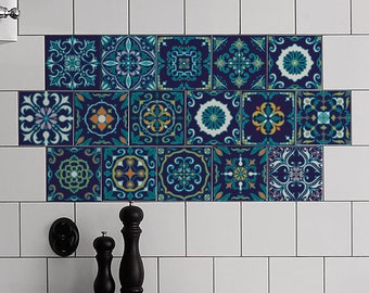 Blue Azulejo Tile Stickers, PACK OF 24, Removable, Ornamental, Moroccan, Tiles Decoration, Tile Decal, Ornamental, Peel and Stick #2T