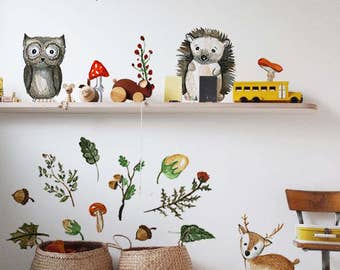 forest animals wall decal, woodland wall sticker, reusable wall decor for kids, removable nursery watercolor wall decal, peel and stick #2W