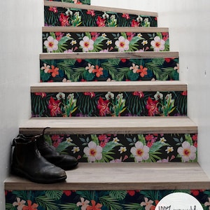 10 step stair riser decal, tropical flowers stair sticker, floral removable stair riser decor strip, leaves peel and stick stair riser 12R image 1