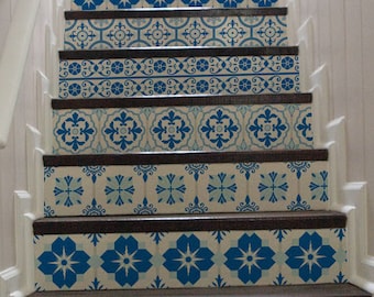 May include: Blue and white patterned stair decals, 100% removable, by StickersColoray Etsy Shop. The decals are applied to a set of wooden stairs.