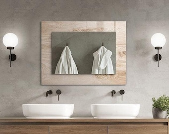 Puede incluir: Diseño de baño moderno con un mueble de tocador de madera, dos lavabos blancos y grifería negra. Incluye una mampara de ducha de cristal con un cabezal de ducha de lluvia y una pequeña mesa auxiliar de madera.