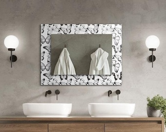 Designer Mirror, Black And White Butterflies Printed Frame, Brown Small Mirror, Hallway Mirror