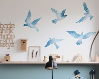 calcomanía de pared de pájaros, decoración de pared azul para niños, pegatina de pared de naturaleza reutilizable, calcomanía de pared de pelar y pegar, decoración de pared extraíble de acuarela, naturaleza #5W