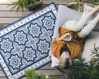 Tappeto da esterno con piastrelle decorate in stile portoghese, tappeto da patio con piastrelle finte, tappeto in vinile blu, tappeto da veranda, tappeto adatto agli animali domestici, tappeto facile da pulire
