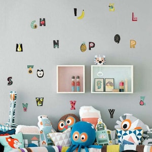 Alphabet wall decal, fruit pattern wall sticker, child room wall decor, tiny colorful wall decal, playroom wall stickers set, kids room #1S