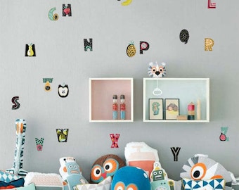Decalcomania da muro con alfabeto, adesivo da parete con motivo frutta, decorazione da parete della stanza dei bambini, piccola decalcomania da muro colorata, set di adesivi da parete per sala giochi, camera dei bambini #1S
