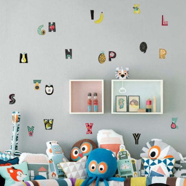 Alphabet wall decal, fruit pattern wall sticker, child room wall decor, tiny colorful wall decal, playroom wall stickers set, kids room #1S