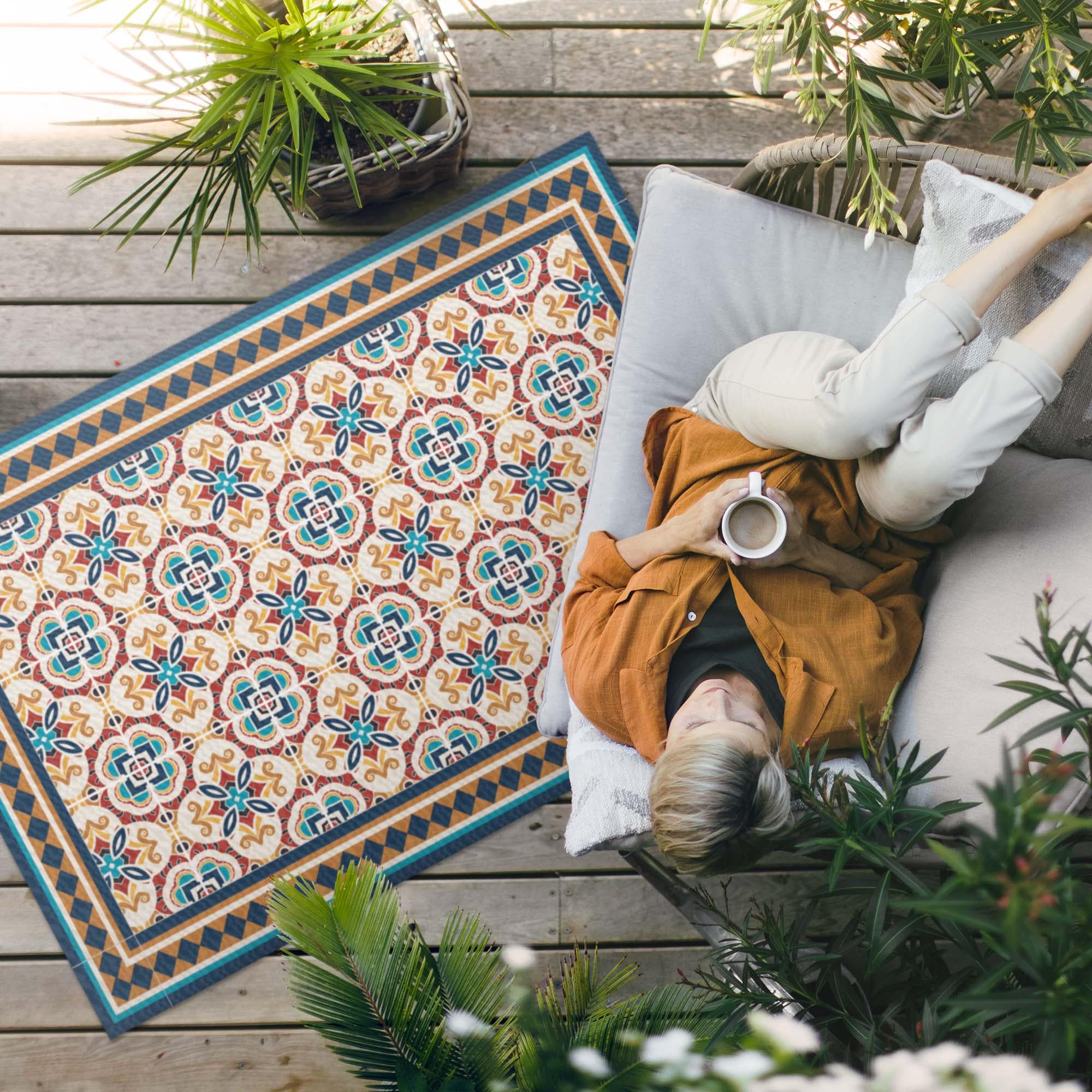 花柄幾何学模様装飾タイル屋外ラグ、フェイクタイルパティオカーペット