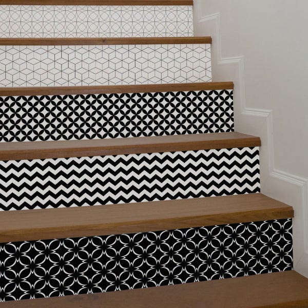 Adesivo de decalque de 10 degraus para degraus de escada, adesivos de padrões geométricos em preto e branco para degraus de escada, faixa decorativa removível op art para degraus de escada, descasque e cole degraus de escada #10R
