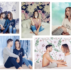 May include: A collage of six images featuring a couple in various poses against different floral backdrops. The couple is wearing casual clothing and smiling at each other. The images are arranged in a grid format.
