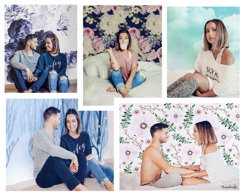 May include: A collage of six images featuring a couple in various poses against different floral backdrops. The couple is wearing casual clothing and smiling at each other. The images are arranged in a grid format.