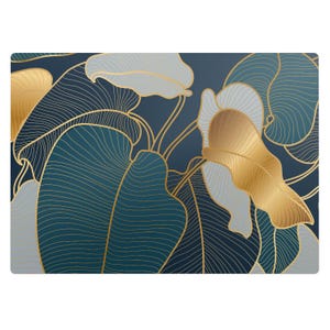 May include: Abstract art print featuring a pattern of overlapping leaves in shades of blue, green, and gold. The leaves have a delicate, linear design and create a sense of depth and movement.