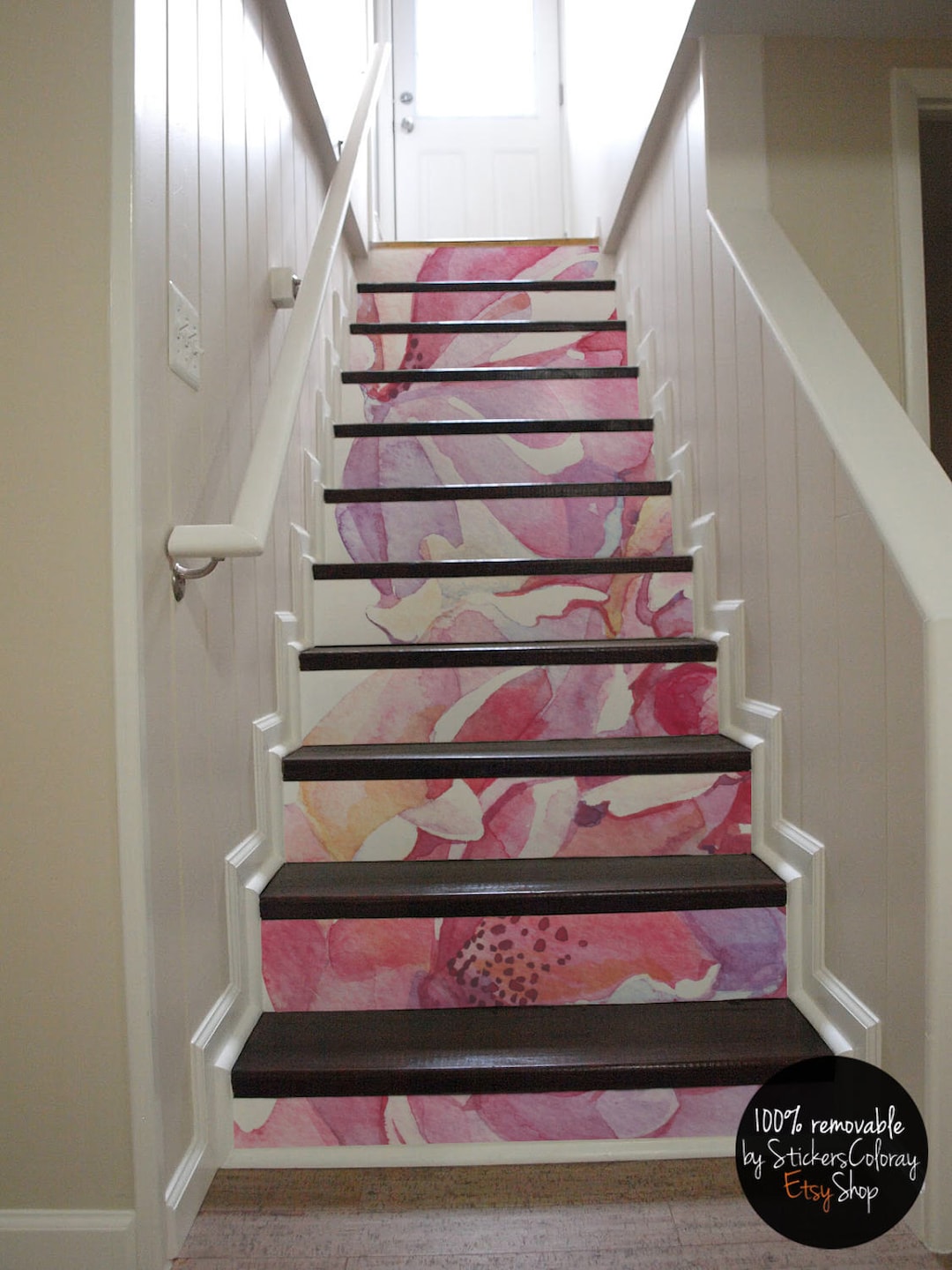 10 Step Stair Riser Decal, Pink Watercolor Flowers Stair Sticker