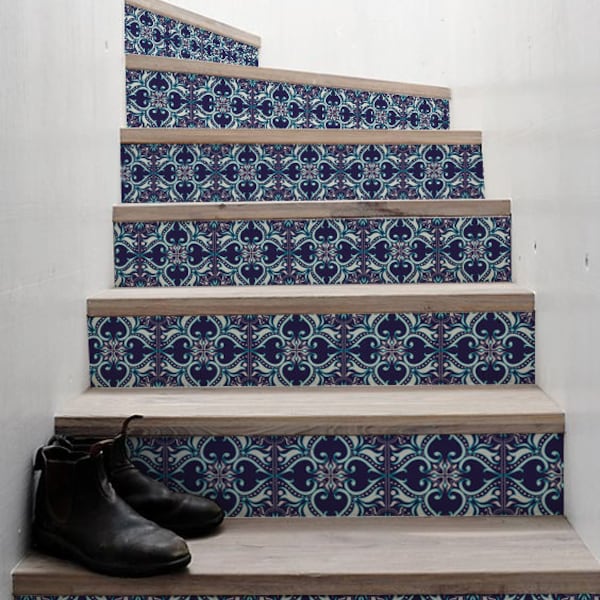 10 step stair riser decal, navy and white decorative tiles stair sticker, removable stair riser decor strip, peel & stick stair riser #17R