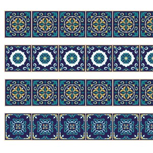May include: A pattern chart with four different tile designs. Each design features a repeating pattern of blue, teal, and gold geometric shapes. The chart includes the text "Pattern Chart" and instructions for customization.