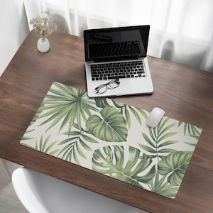Skrivbordsmatta med tropiska löv, grönt skrivbordsunderlägg, PVC-bordsskydd, skrivbordsöverdrag med blommor och växter, datordekoration