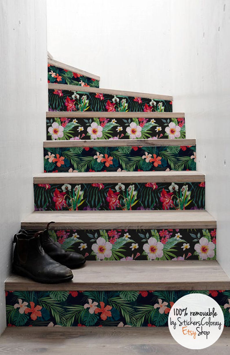 10 step stair riser decal, tropical flowers stair sticker, floral removable stair riser decor strip, leaves peel and stick stair riser 12R image 1