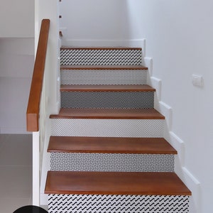 10 step stair riser decal, black and white geometric patterns stair sticker, removable stair riser decor strip, peel & stick stair riser #5R
