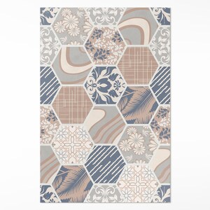 Hawaiian Hexagons Boho Tiles Rug For Living Room, Tiles And Tiles Vinyl Floor Mat, Beige Living Room Rug, Easy To Clean Rug, Waterproof Rug